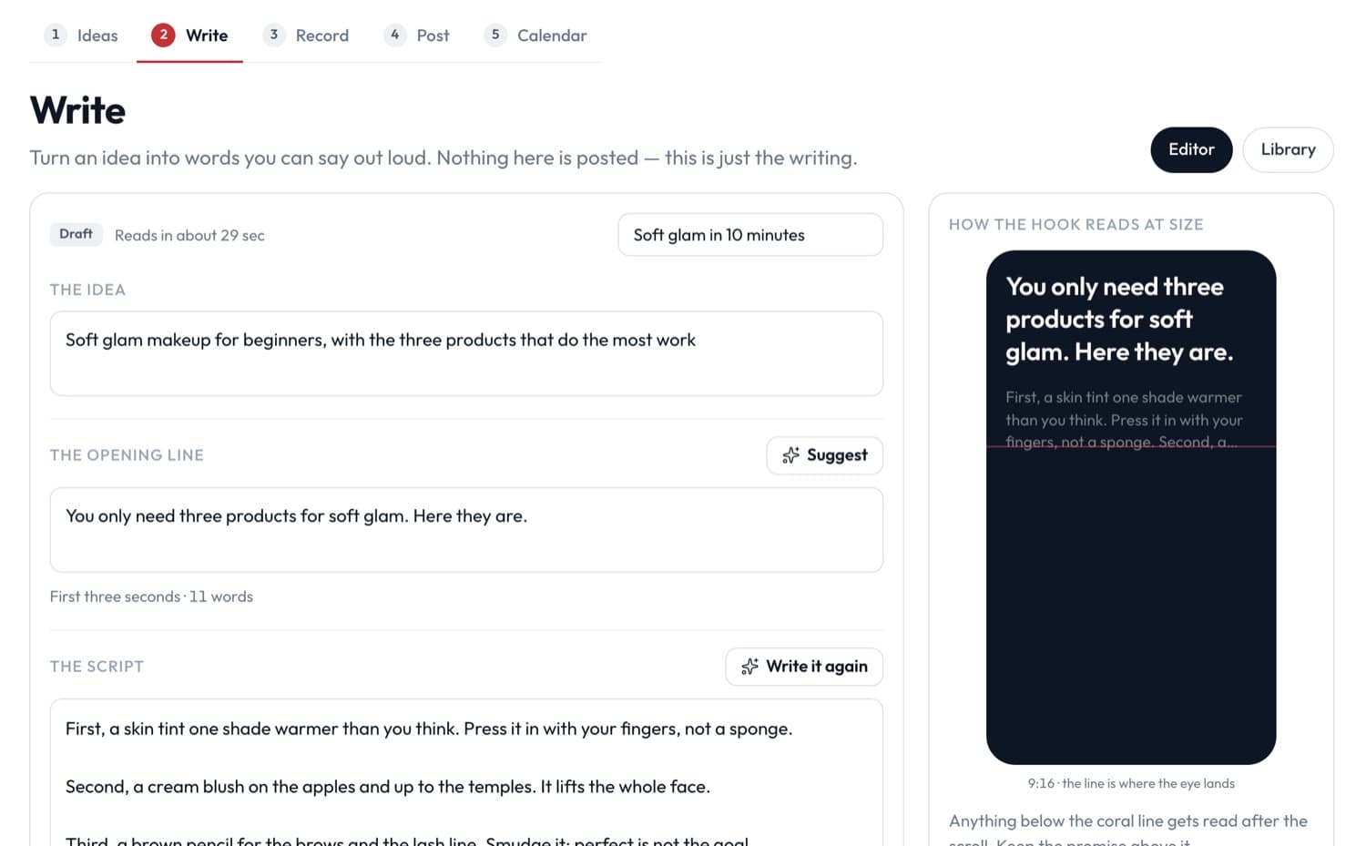 Write: an idea, its opening line and the script, with how the hook reads on a phone