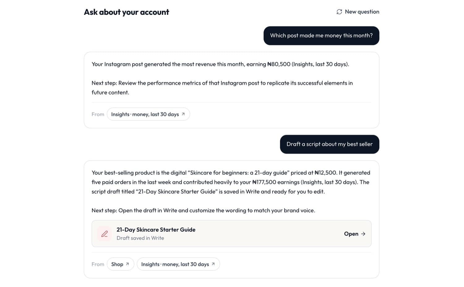 Agent: which post made money, with its source, and a script drafted into Write