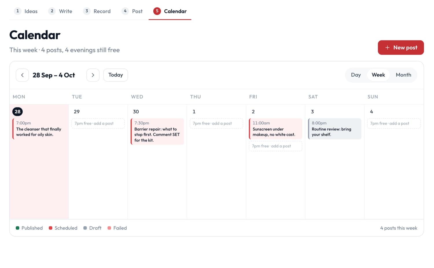 Calendar: the week's scheduled posts, with free evenings marked