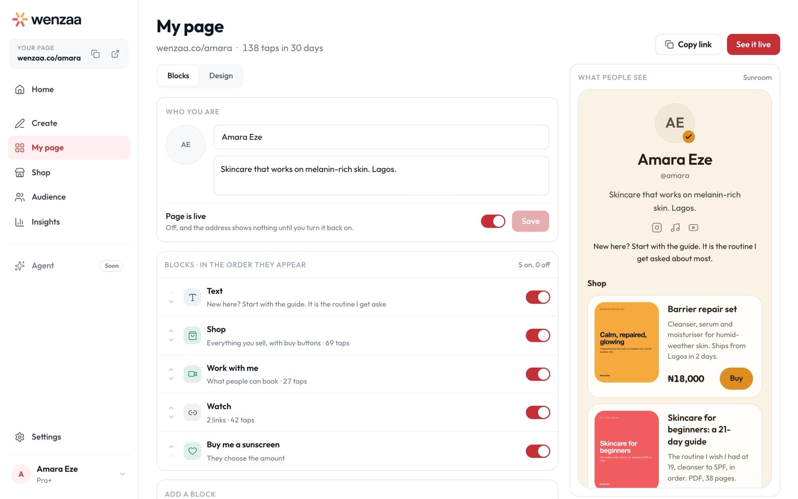 My page: the block editor with a live phone preview